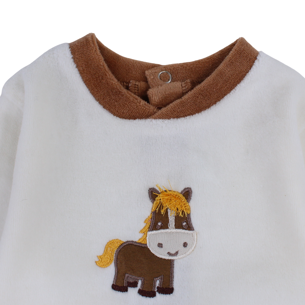 Baby Boys Velvet Baby Footie – Off-White/Brown with a Horse Design
