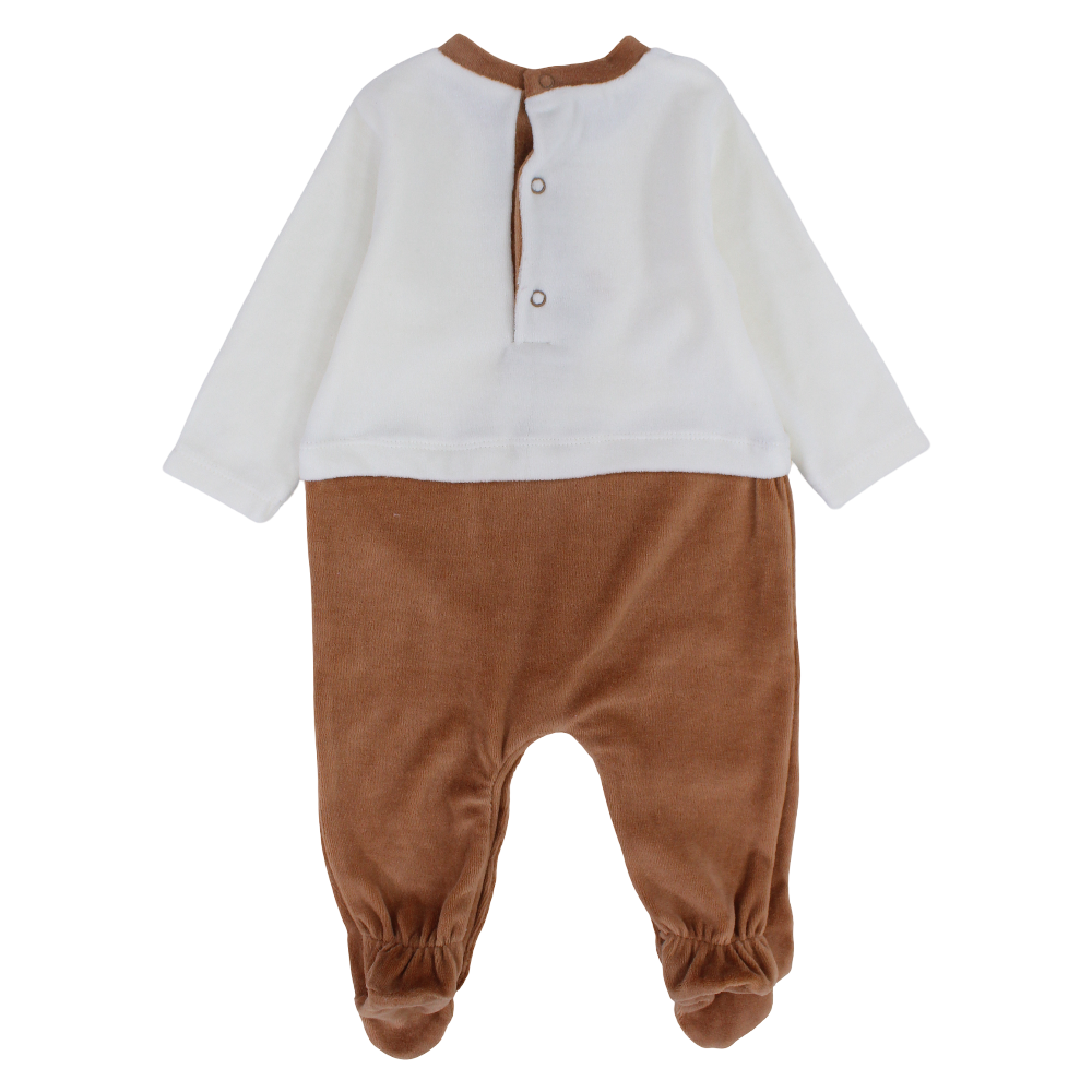 Baby Boys Velvet Baby Footie – Off-White/Brown with a Horse Design