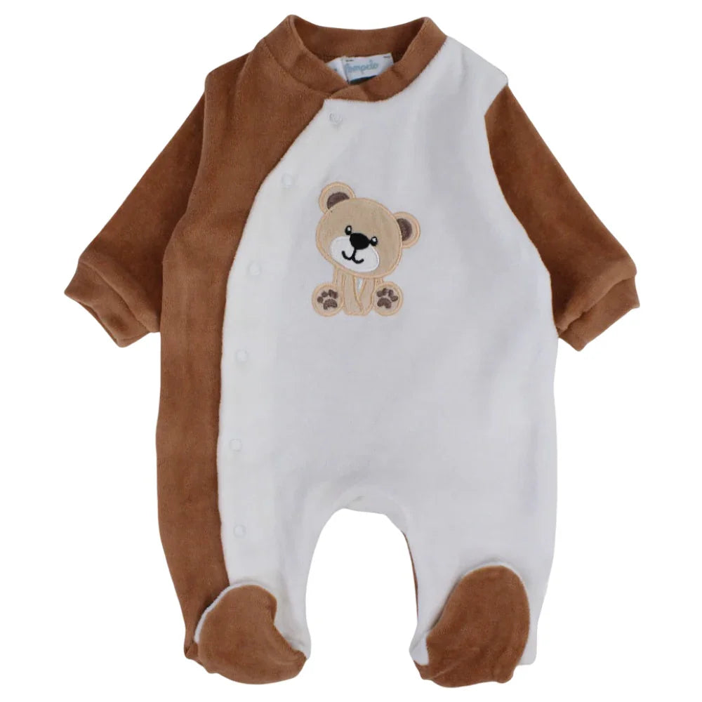 Baby Boys Velvet Baby Footie – Brown with a Bear Design