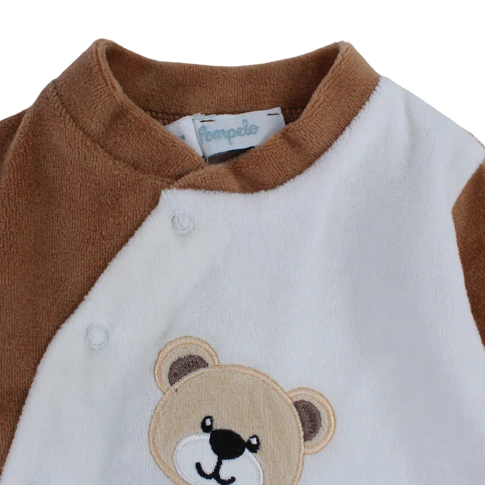 Baby Boys Velvet Baby Footie – Brown with a Bear Design