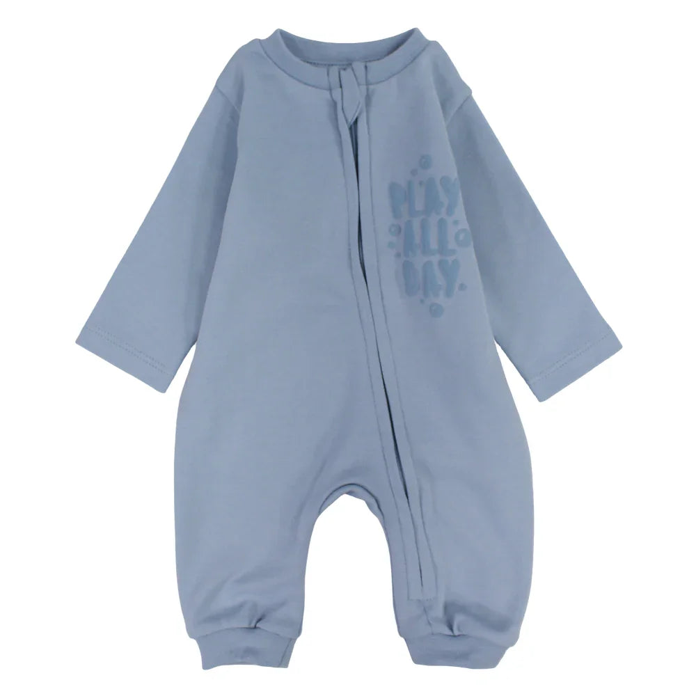 Baby Boys Cotton Footless Onesie – Baby Blue with "Play all Day" Design