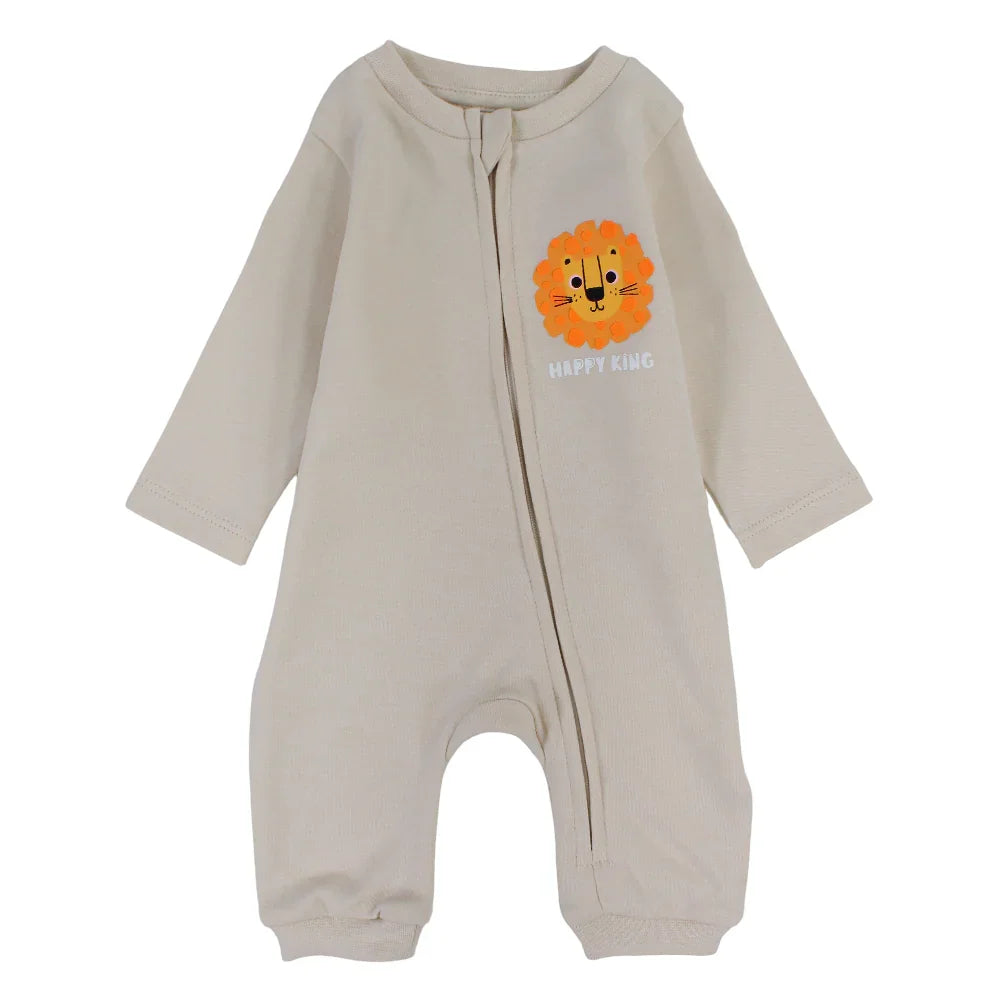 Baby Boys Cotton Footless Onesie – Beige with a Lion Head Design