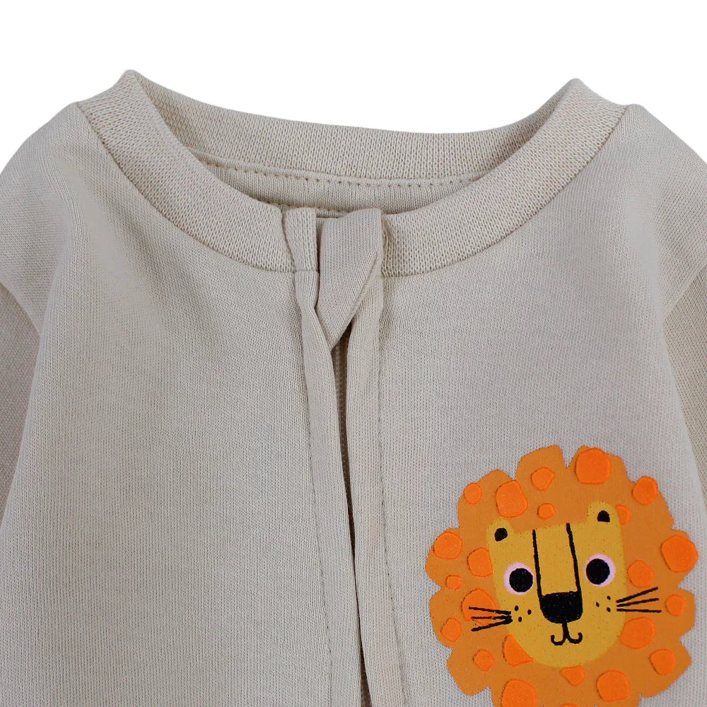 Baby Boys Cotton Footless Onesie – Beige with a Lion Head Design