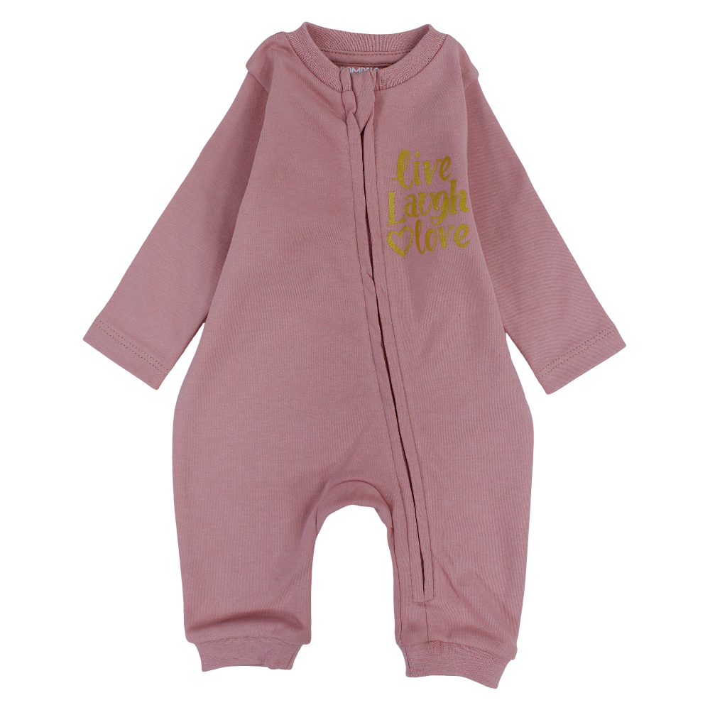 Baby Girls Cotton Footless Onesie – Dusty Pink with "Live, Laugh, Love" Design