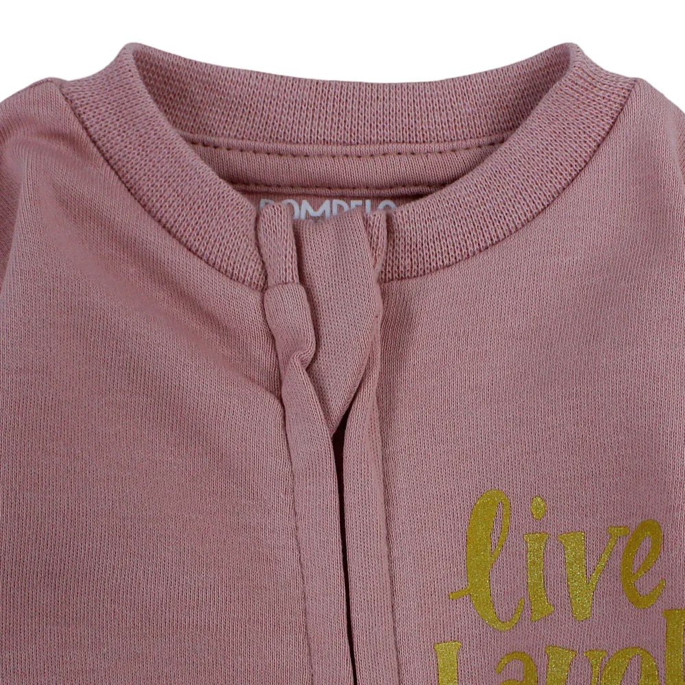 Baby Girls Cotton Footless Onesie – Dusty Pink with "Live, Laugh, Love" Design