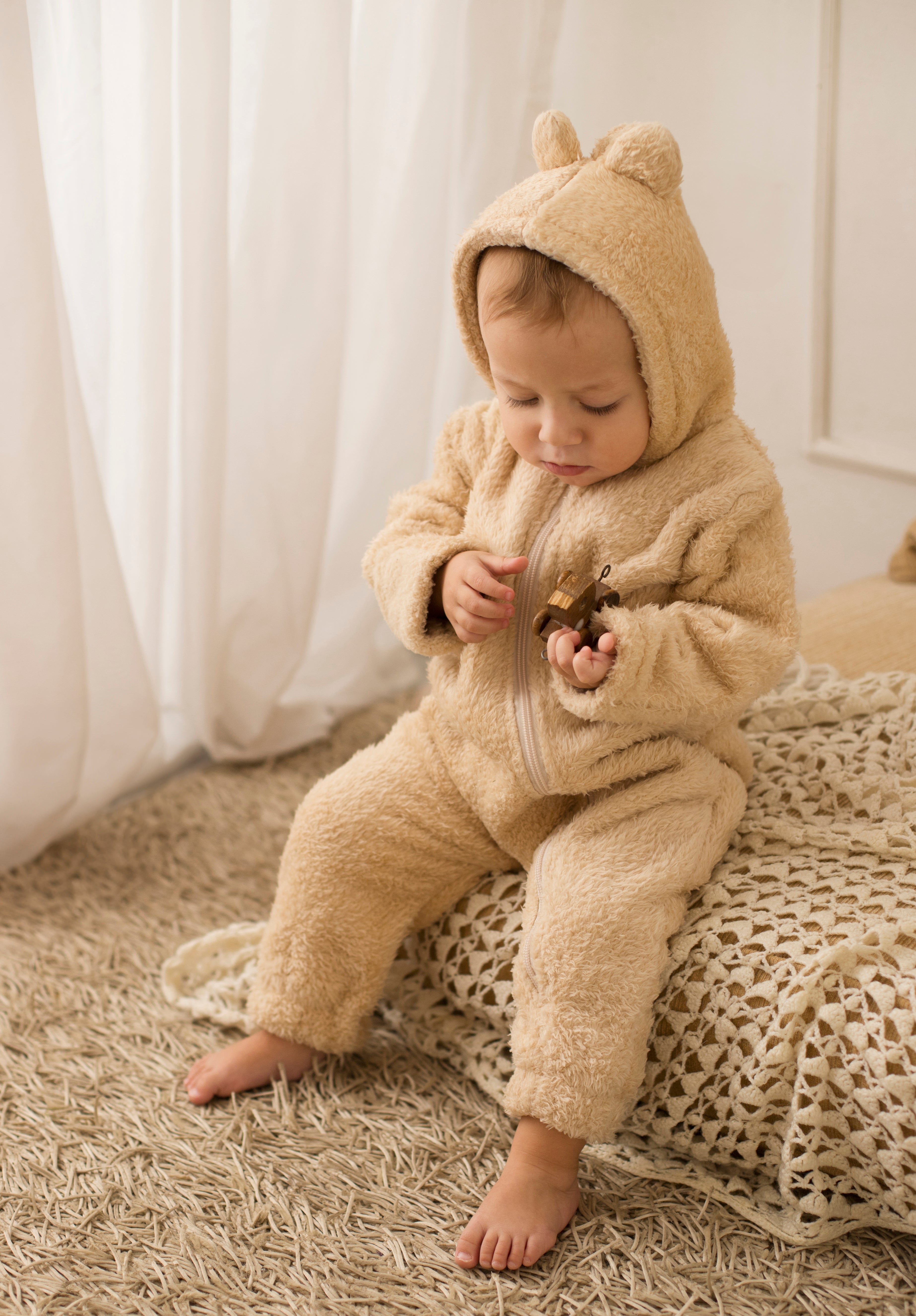 Unisex Baby Teddy Fleeced Hooded Footless Onesie – Beige