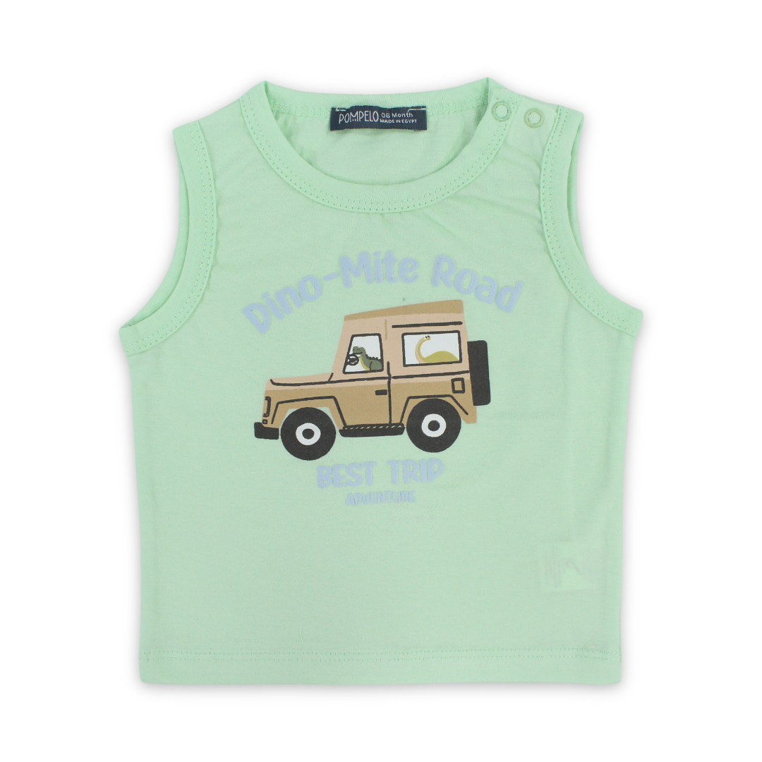Baby Boys Cotton Sleeveless T-Shirt – "Dino-Mite Road" Print