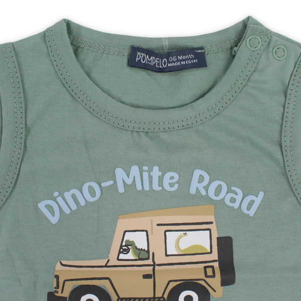 Baby Boys Cotton Sleeveless T-Shirt – "Dino-Mite Road" Print
