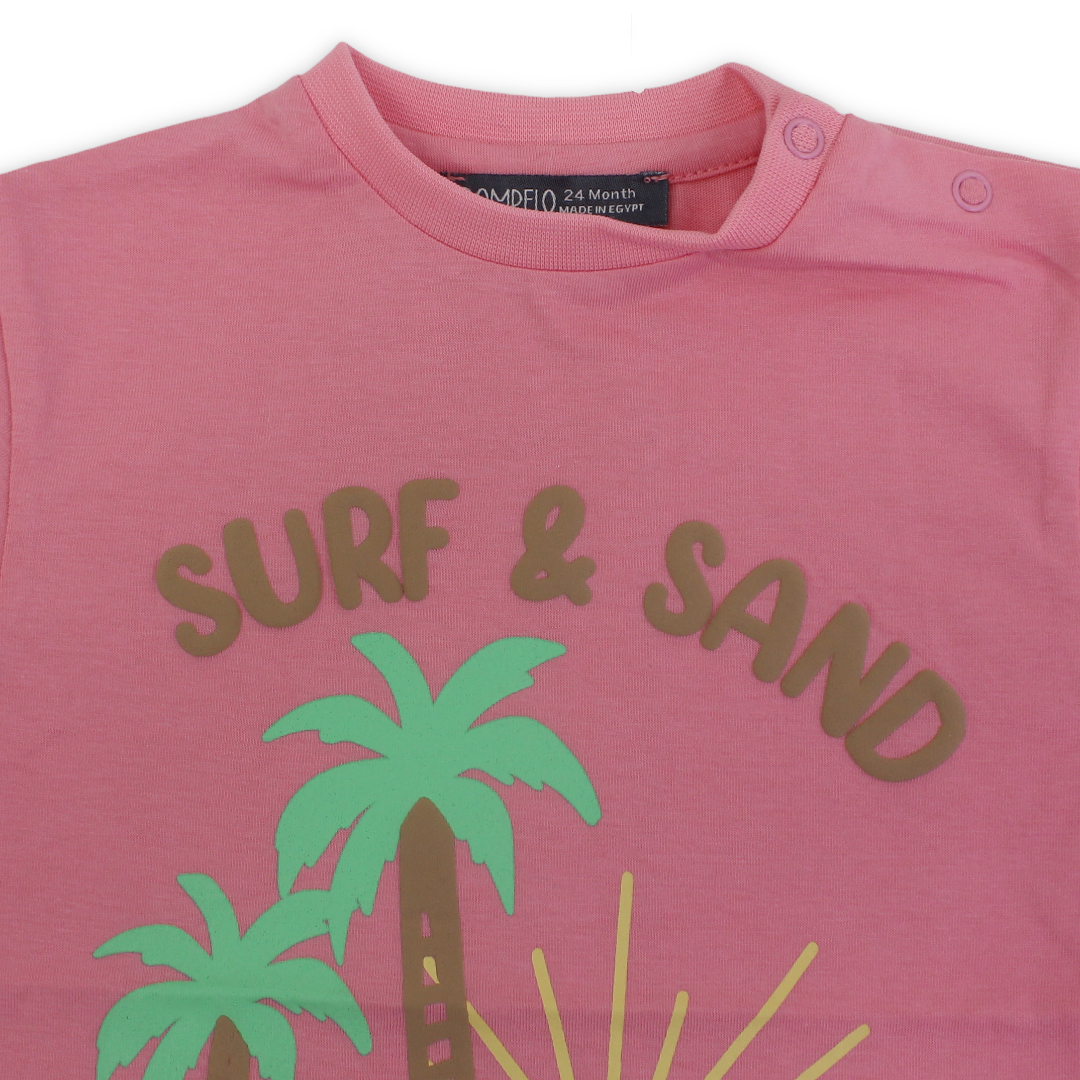 Baby Girls Cotton T-Shirt – Fuchsia with "Surf & Sand" Print