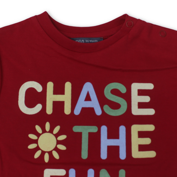 Unisex Baby Cotton T-Shirt – Red with  " Chase The Fun" Print