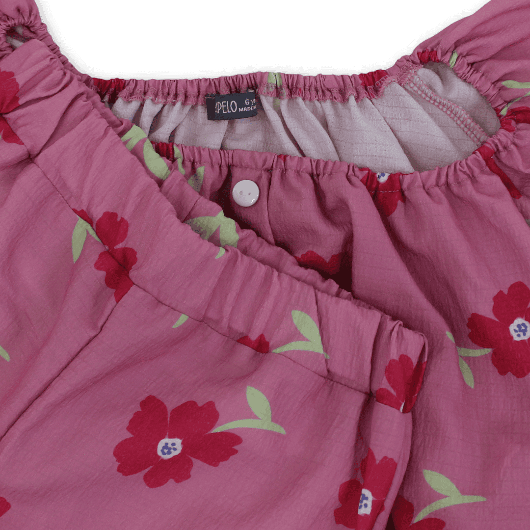 Girls Cotton Outfit Set – Pink with Flowers Print