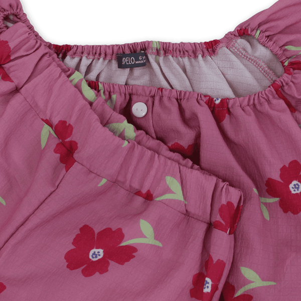 Girls Cotton Outfit Set – Pink with Flowers Print