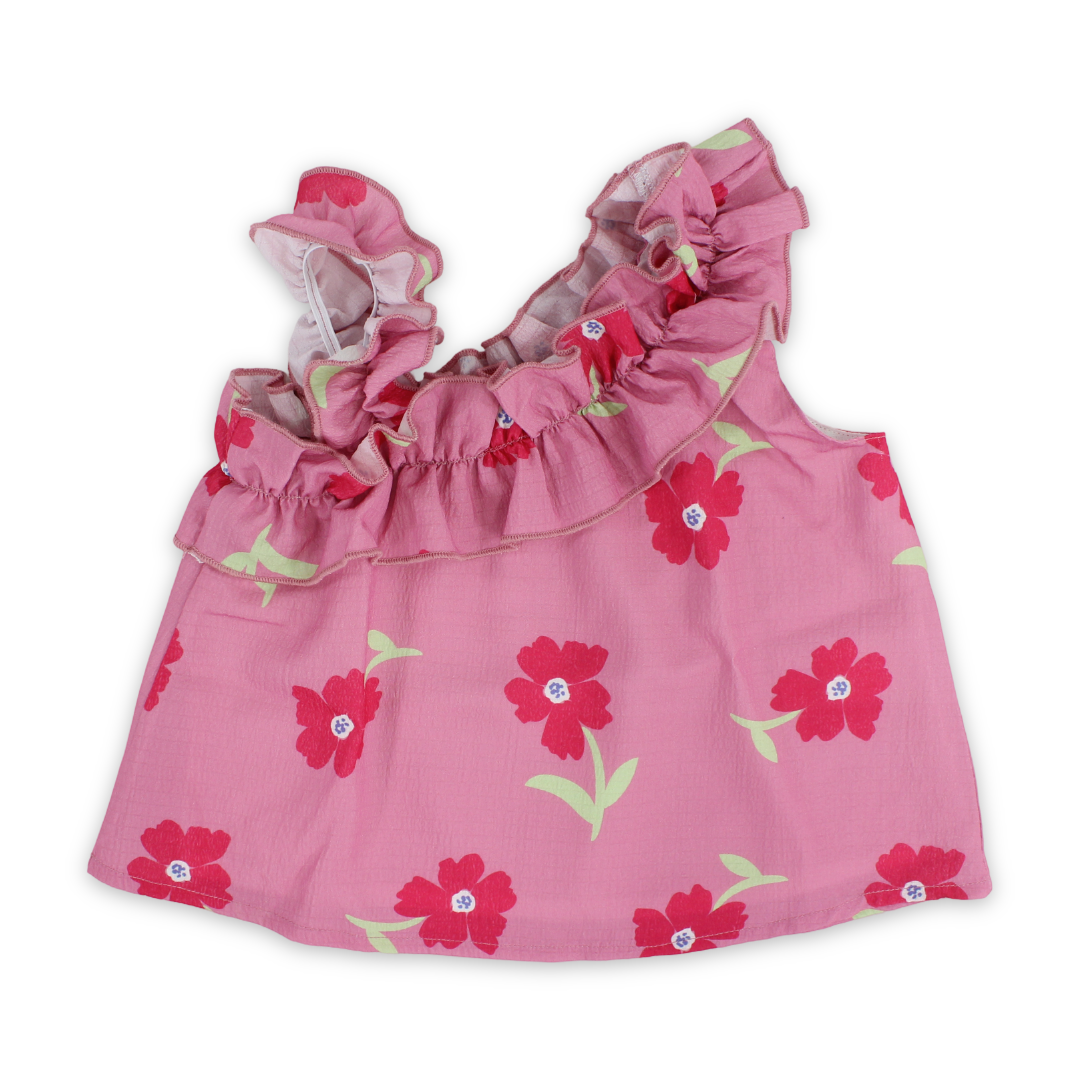 Girls Cotton Blouse – Pink with Flowers Print - Clothing - Pompelo
