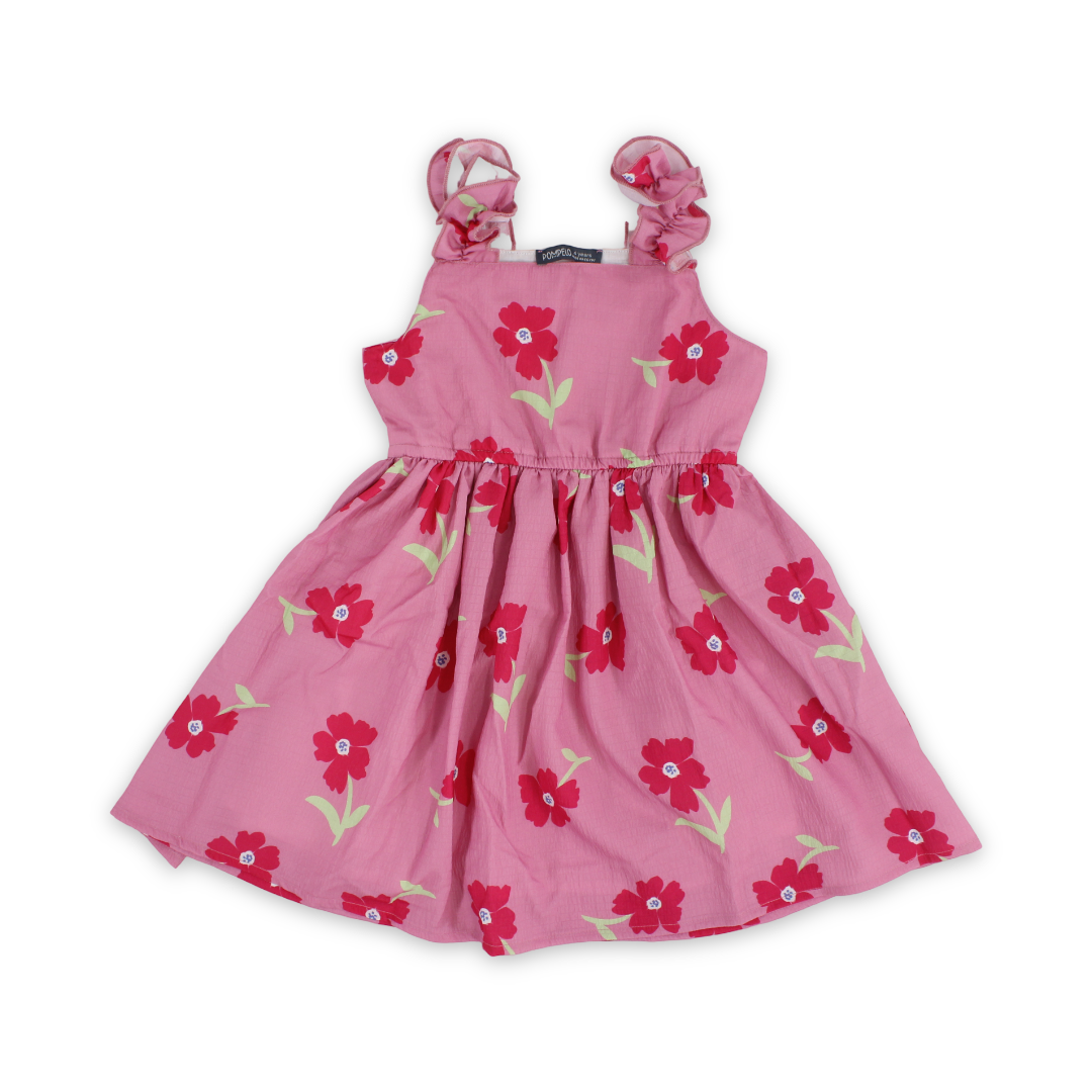 Girls Cotton Dress – Pink with Flowers Print - Clothing - Pompelo