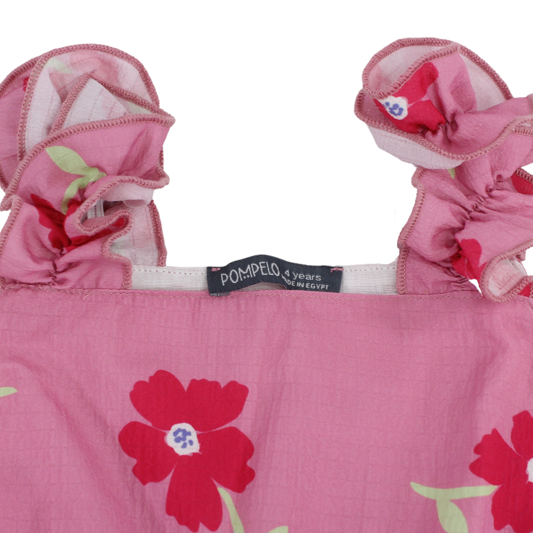 Girls Cotton Dress – Pink with Flowers Print