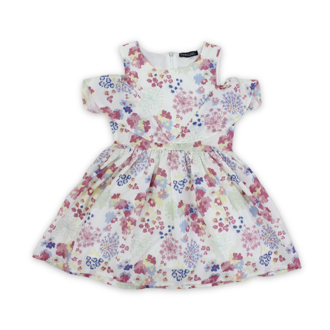 Girls Cotton Dress – Off-White with Flowers Print - Clothing - Pompelo