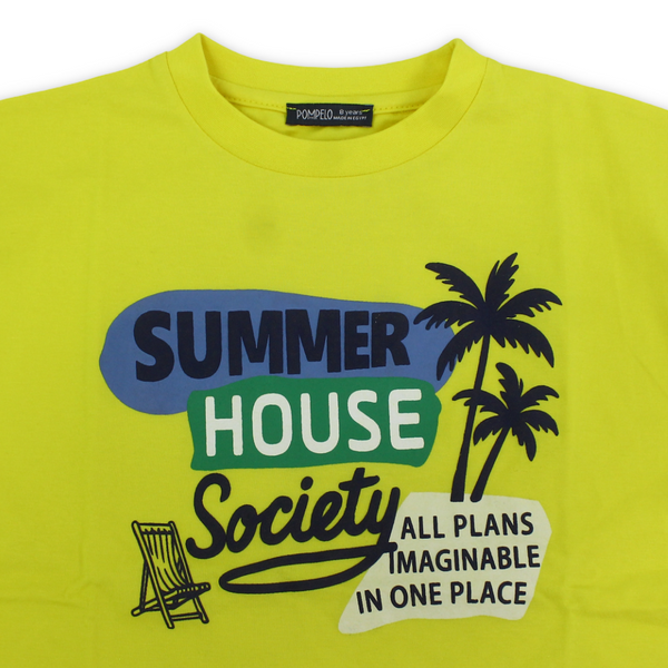 تي شيرت قطن للأولاد – أصفر مع طبعة "Summer House Society"