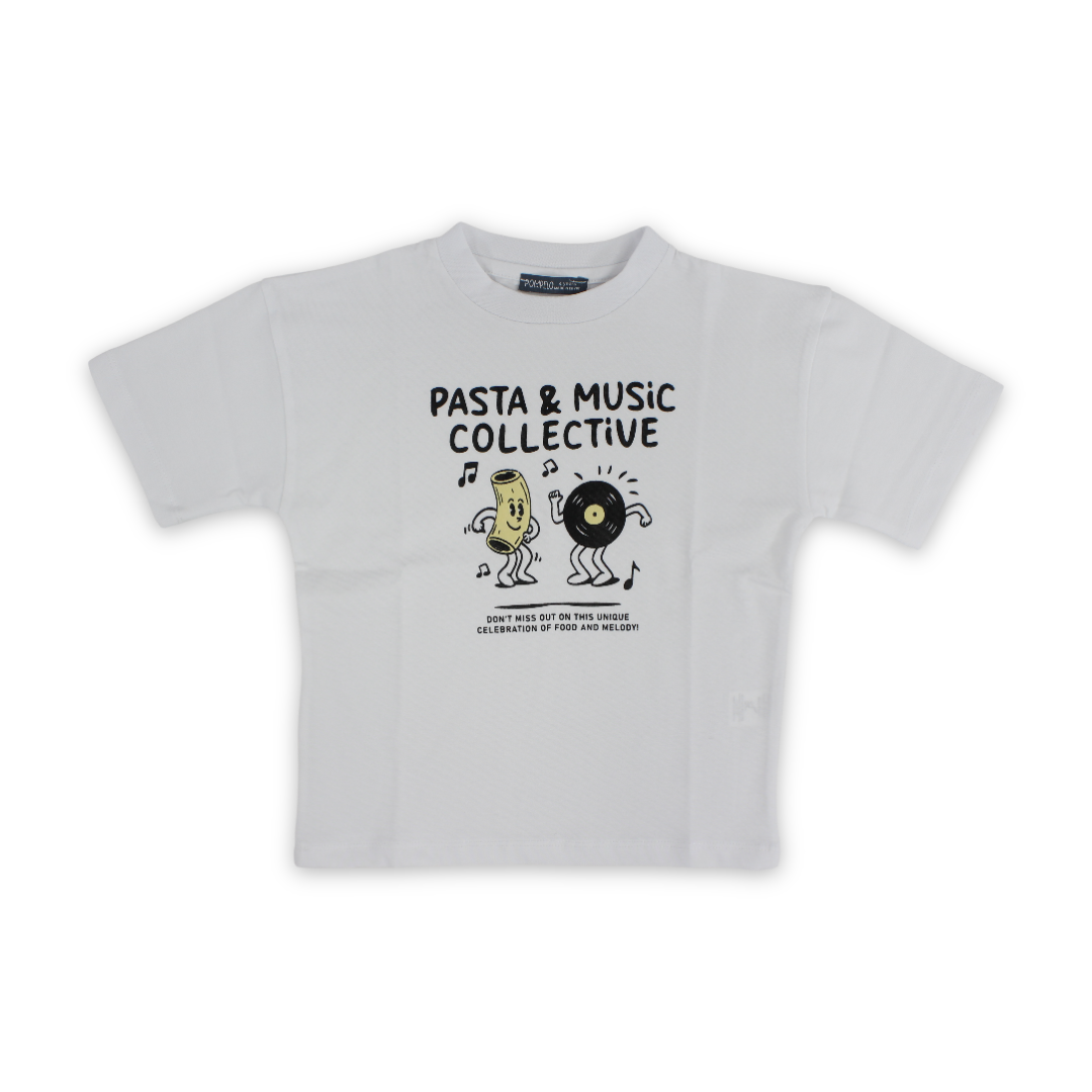 Boys Cotton T-Shirt – White with "Pasta & Music Collective" Print - Clothing - Pompelo