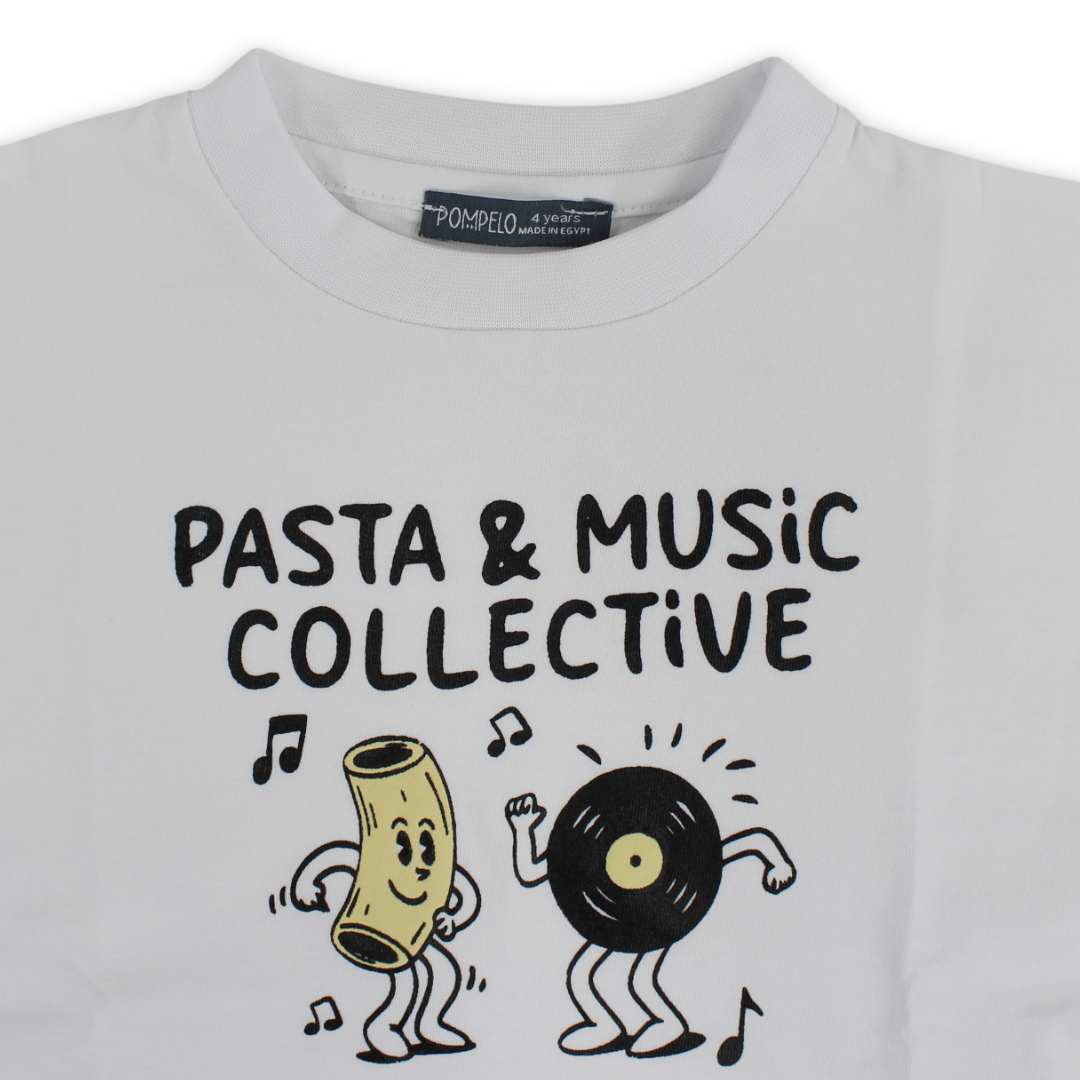 Boys Cotton T-Shirt – White with "Pasta & Music Collective" Print
