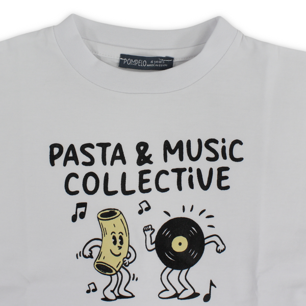 Boys Cotton T-Shirt – White with "Pasta & Music Collective" Print