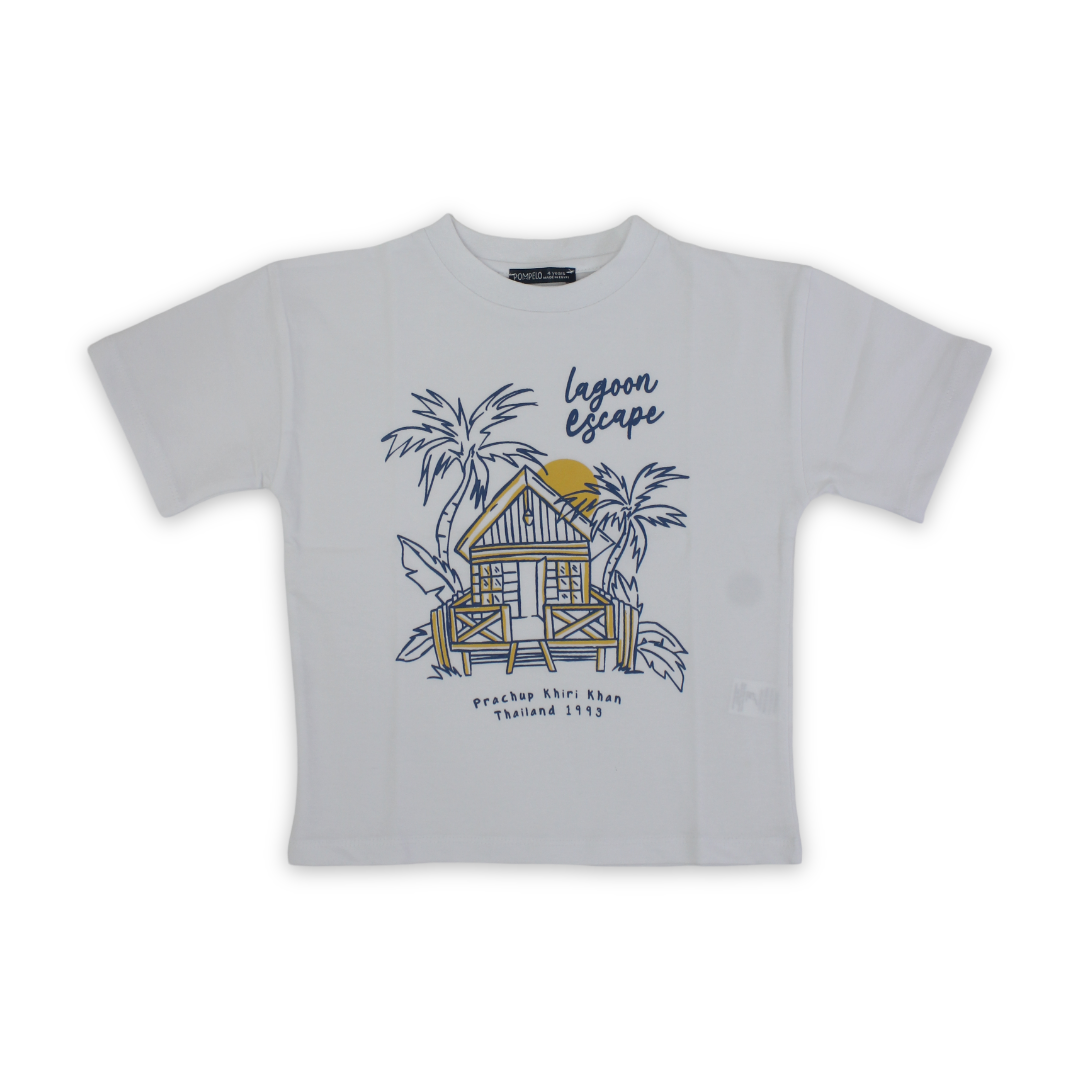 Boys Cotton T-Shirt – White "Lagoon Escape" Print - Clothing - Pompelo