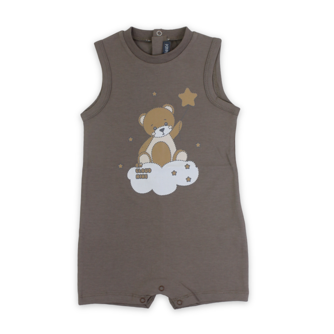 Unisex Baby Cotton Romper – Brown with Teddy Bear Print - Clothing - Pompelo
