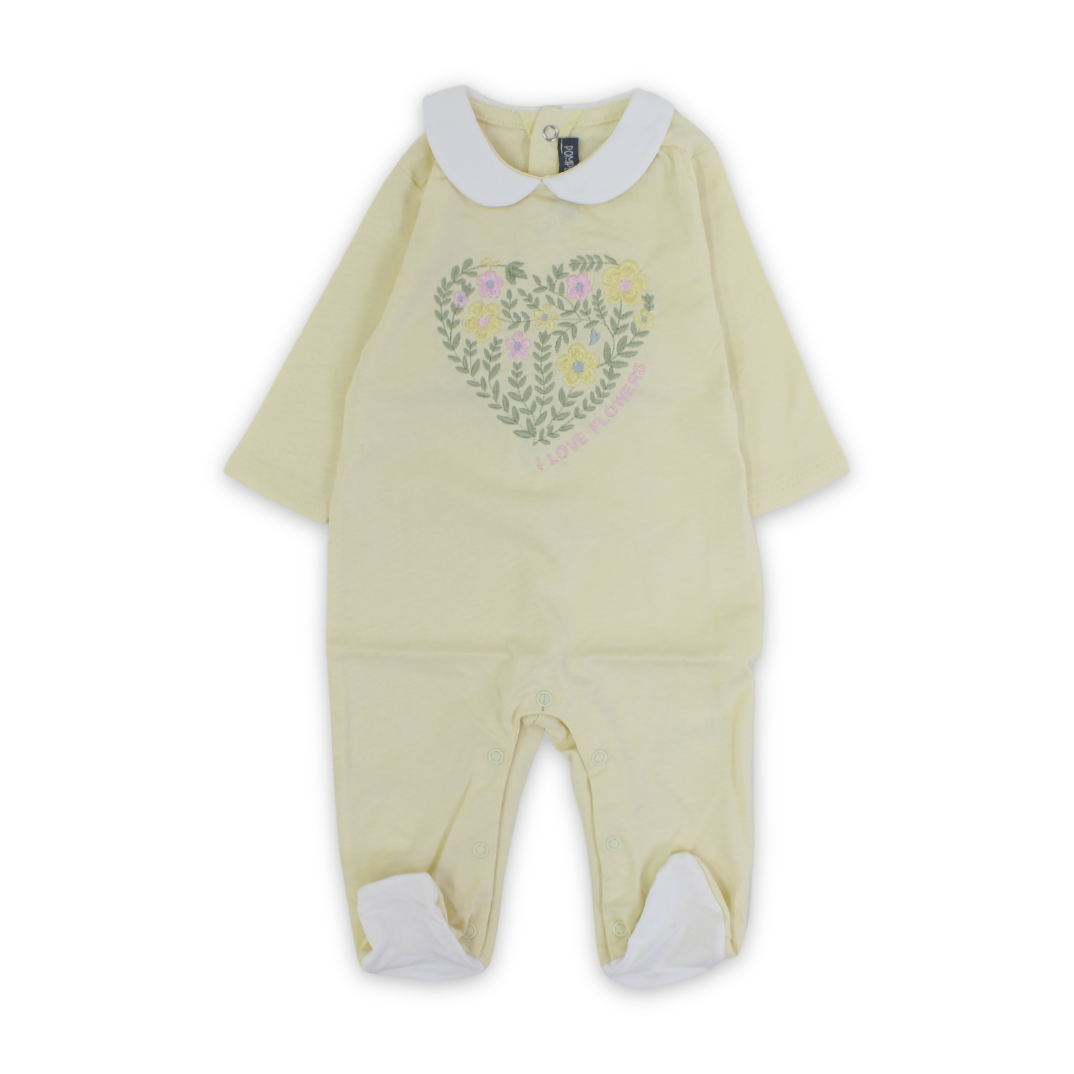 Baby Girls Cotton Baby Footie Onesie – Yellow with Flowers Print - Clothing - Pompelo