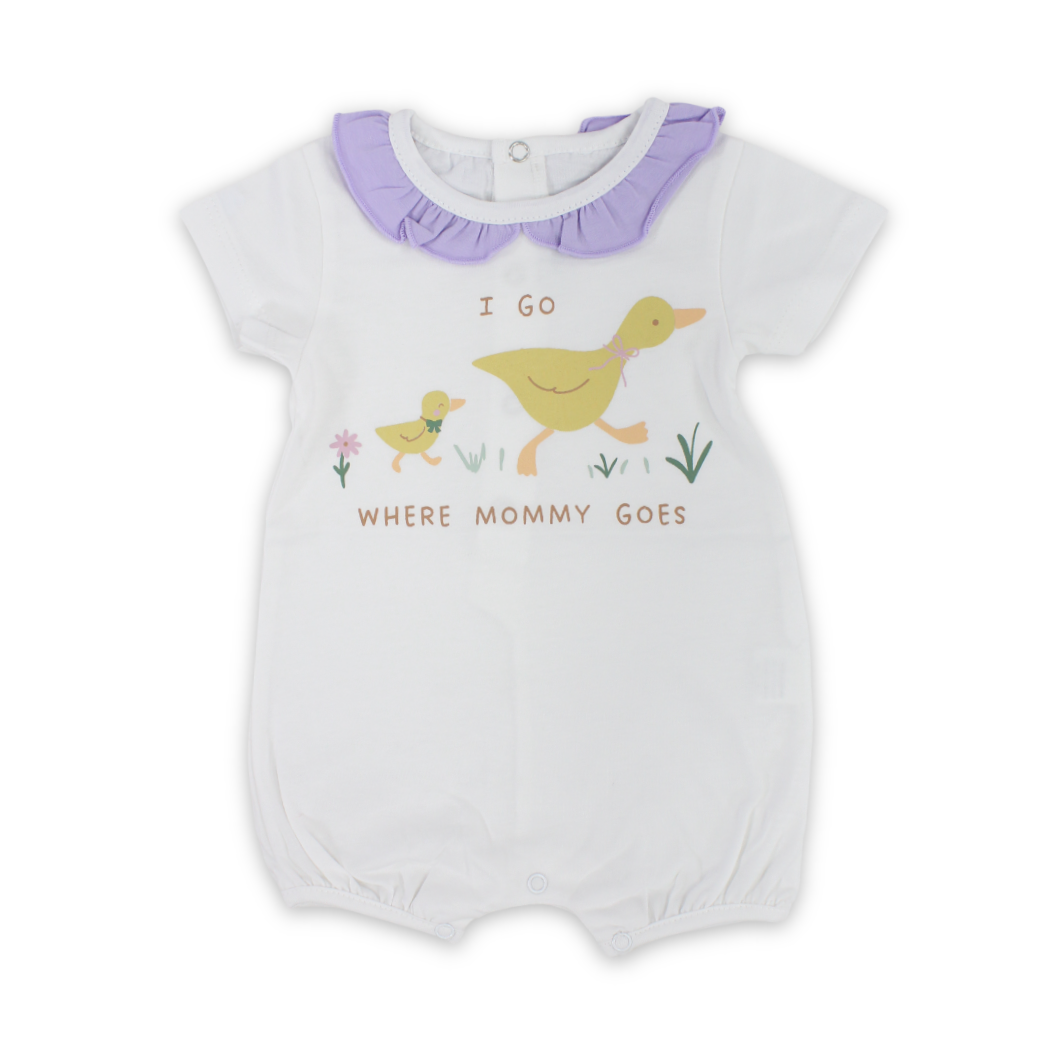 Baby Girls Cotton Romper – White with Duck Print