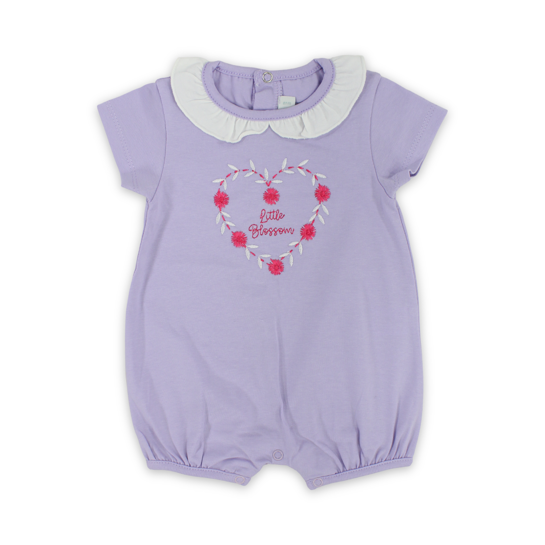 Baby Girls Cotton Romper – Lilac with "Little Blossom" Heart Embroidery
