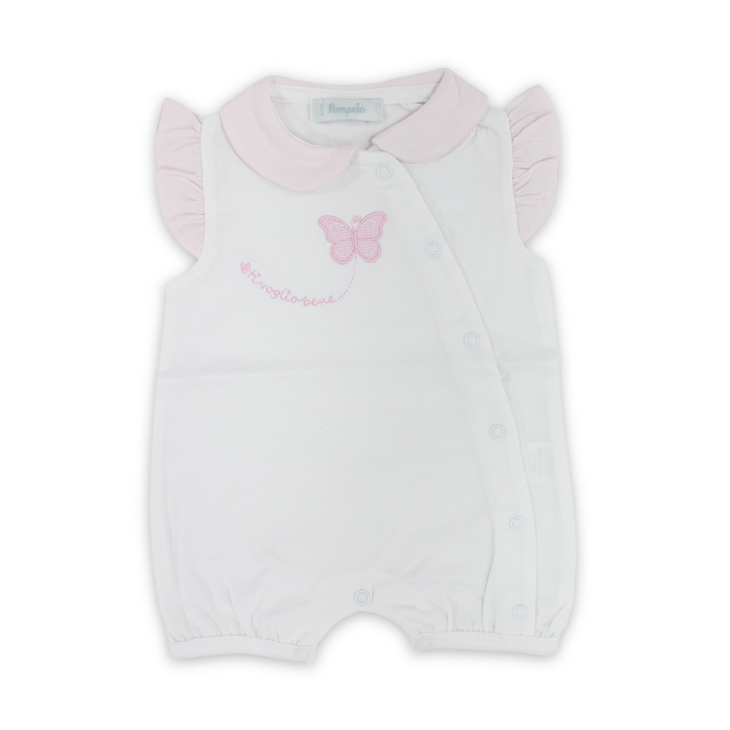 Baby Girls Cotton Romper – White with Butterfly Embroidery