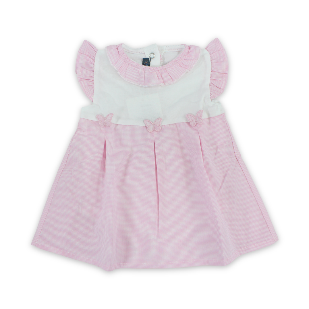 Baby Girls Cotton Dress – Pink with Butterflies Embroidery
