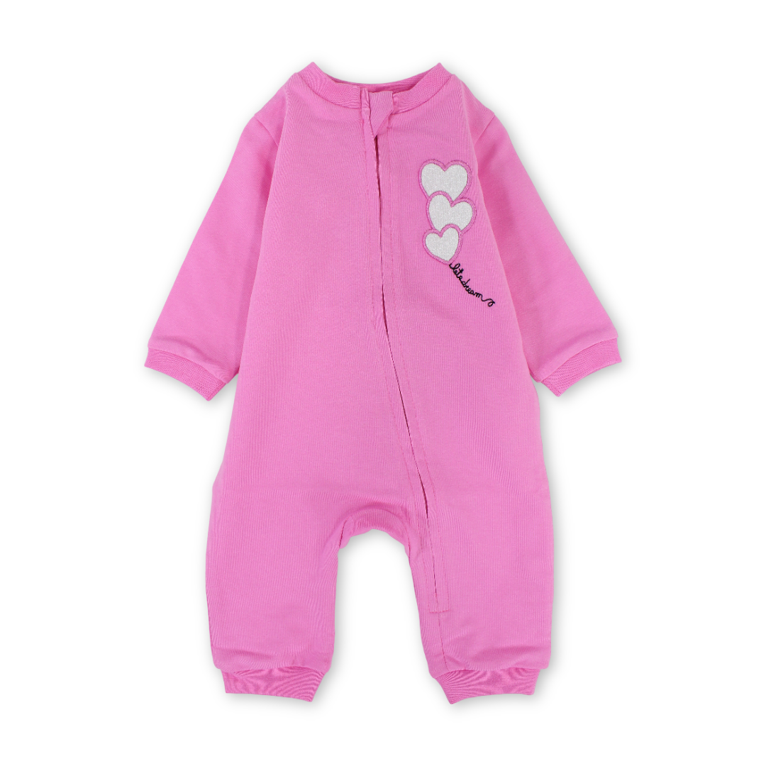 Baby Girls Cotton Baby Footie – Fuchsia with Hearts Embroidery