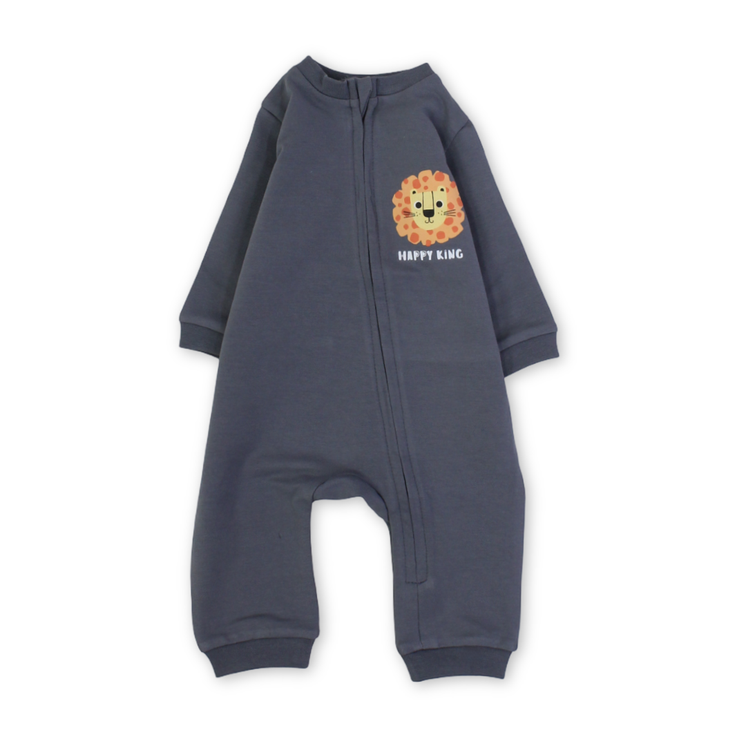 Baby Boys Cotton Baby Footie – Grey with Lion Print