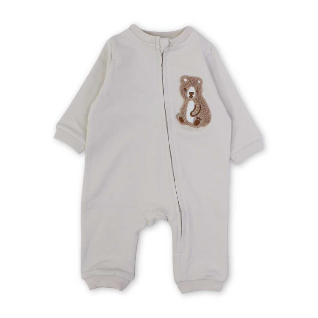 Baby Boys Cotton Baby Footie – Beige with Bear Embroidery