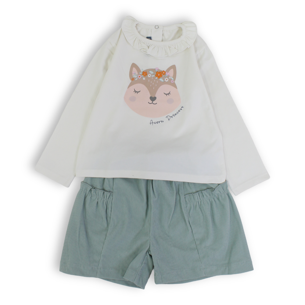 Baby Girls Cotton Outfit Set – Off-White & Mint with Fox Print