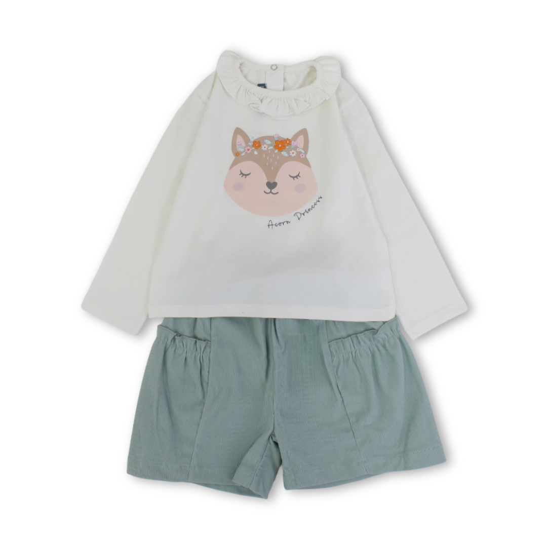 Baby Girls Cotton Outfit Set – Off-White & Mint with Fox Print