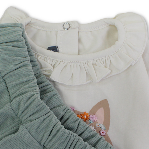 Baby Girls Cotton Outfit Set – Off-White & Mint with Fox Print