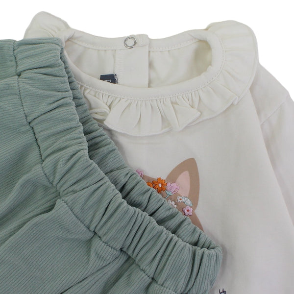 Baby Girls Cotton Outfit Set – Off-White & Mint with Fox Print