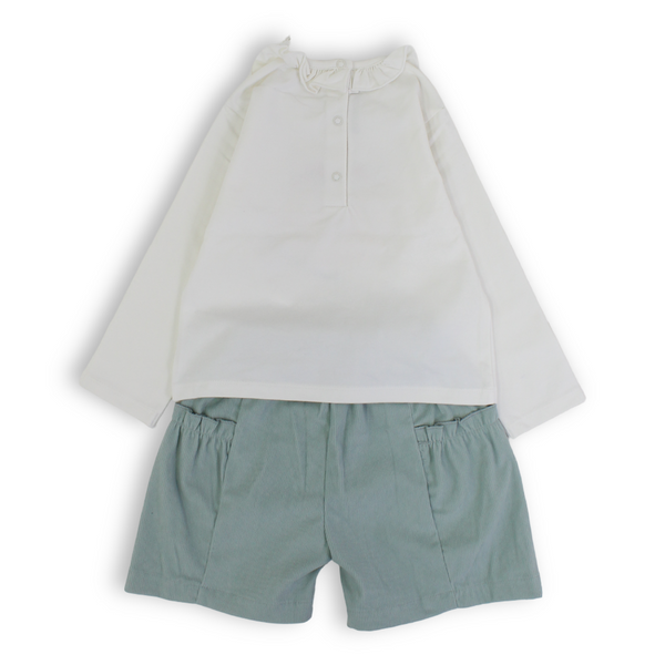 Baby Girls Cotton Outfit Set – Off-White & Mint with Fox Print