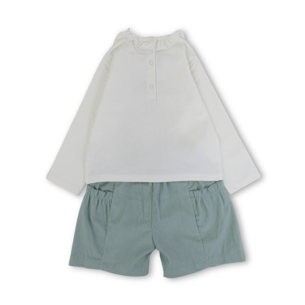 Baby Girls Cotton Outfit Set – Off-White & Mint with Fox Print