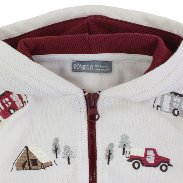 Baby Boys Cotton Hoodie – Off-White with Vehicle Print
