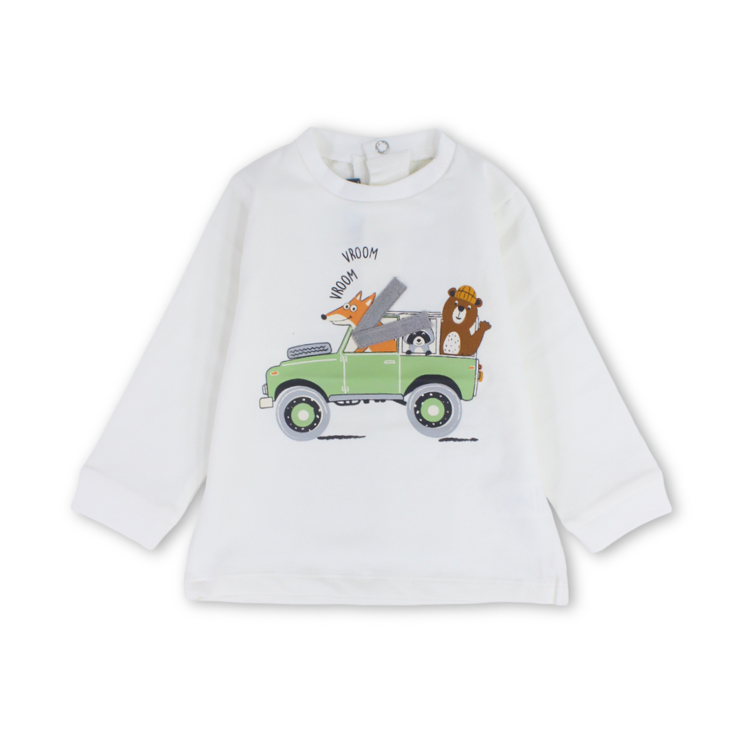 Baby Boys Cotton T-Shirt – Off-White with "Vroom" Print