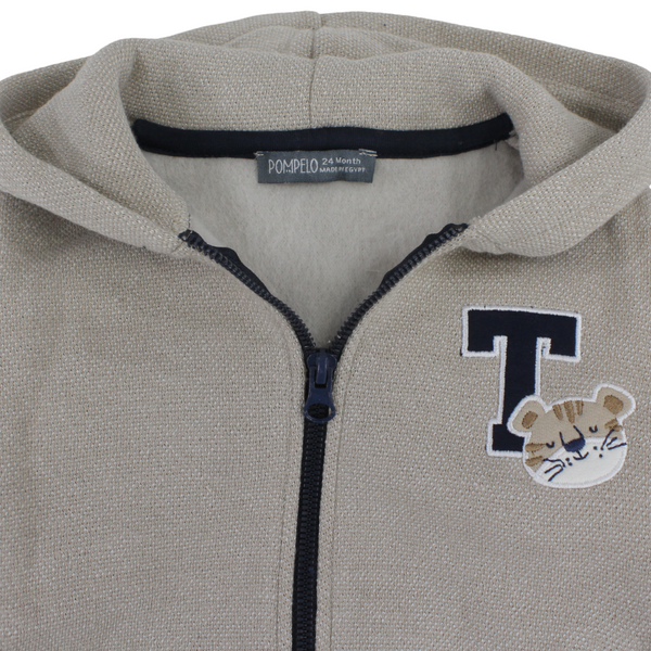 Baby Boys Cotton Hooded Jacket – Beige with Tiger Embroidered