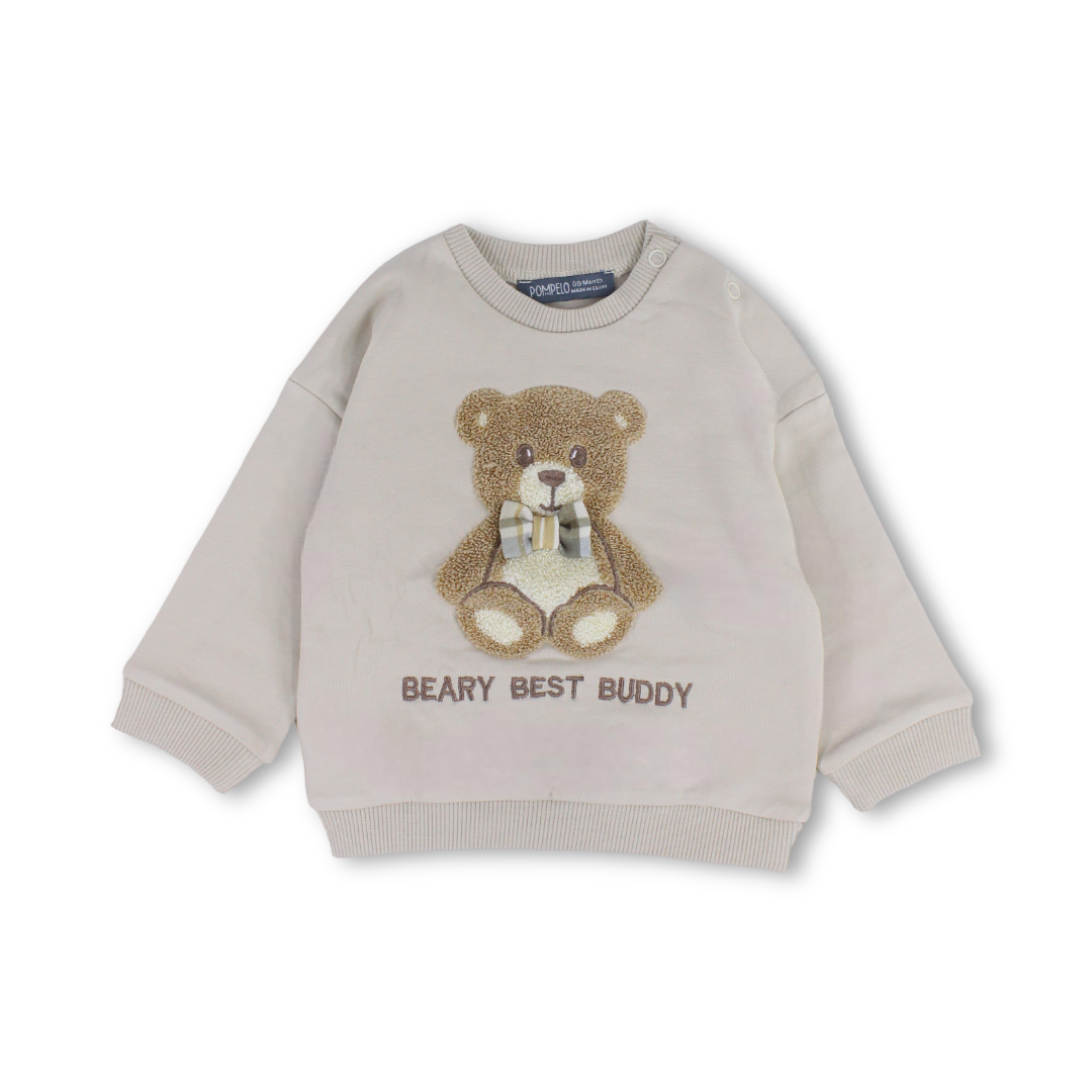 Baby Boys Cotton Sweatshirt – Beige with Teddy Bear Print