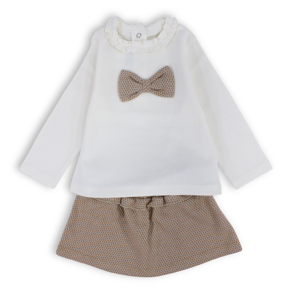 Baby Girls Cotton Outfit Set – Off-White & Beige with Bow Design