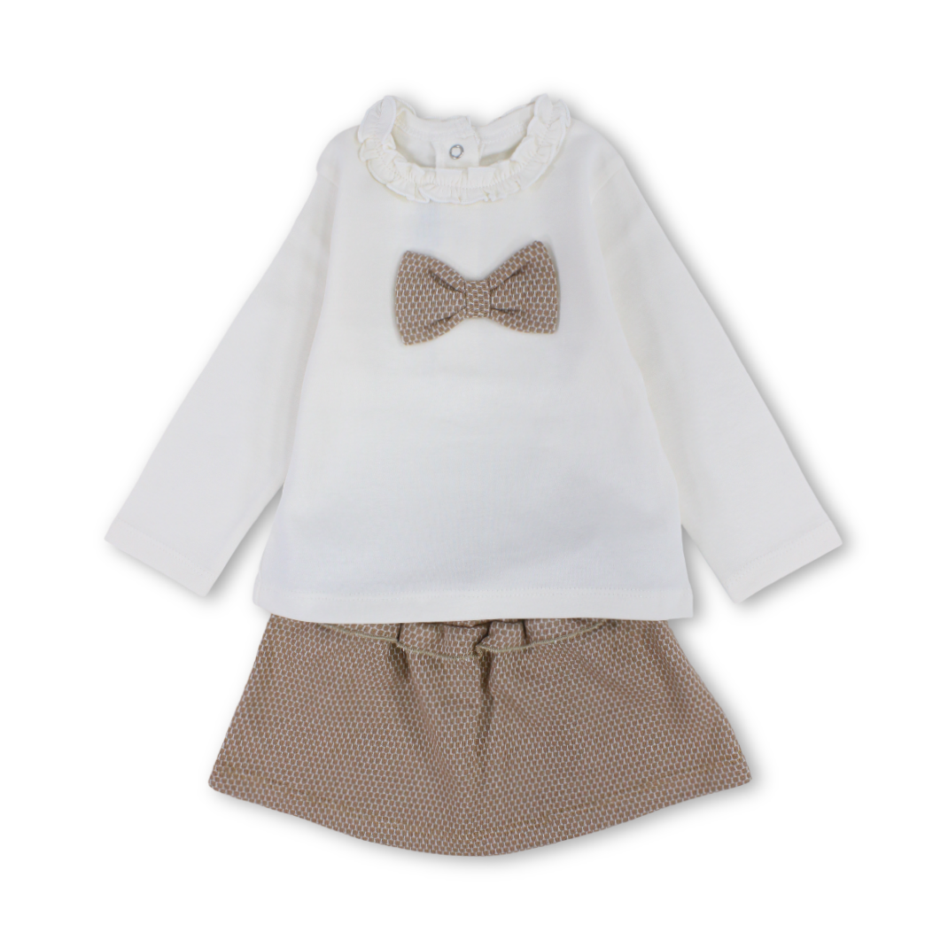Baby Girls Cotton Outfit Set – Off-White & Beige with Bow Design