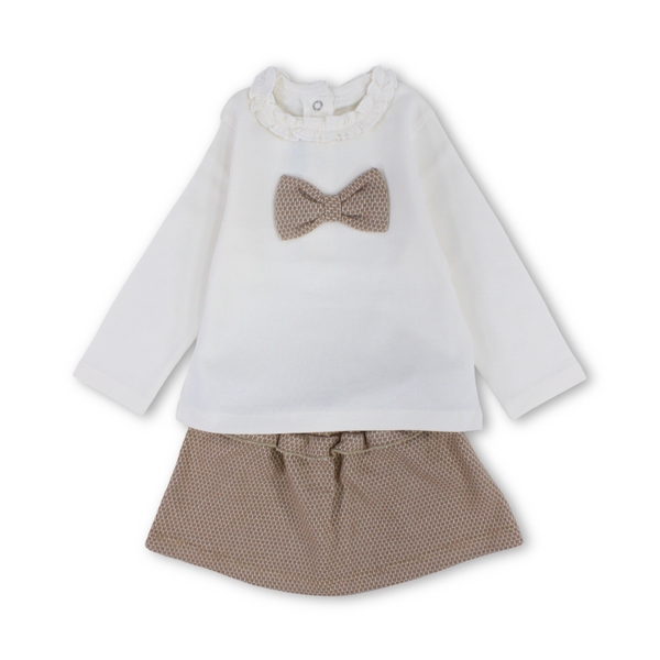 Baby Girls Cotton Outfit Set – Off-White & Beige with Bow Design