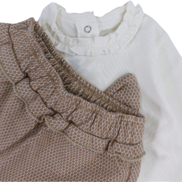Baby Girls Cotton Outfit Set – Off-White & Beige with Bow Design