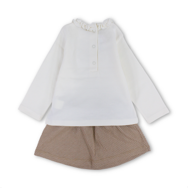 Baby Girls Cotton Outfit Set – Off-White & Beige with Bow Design