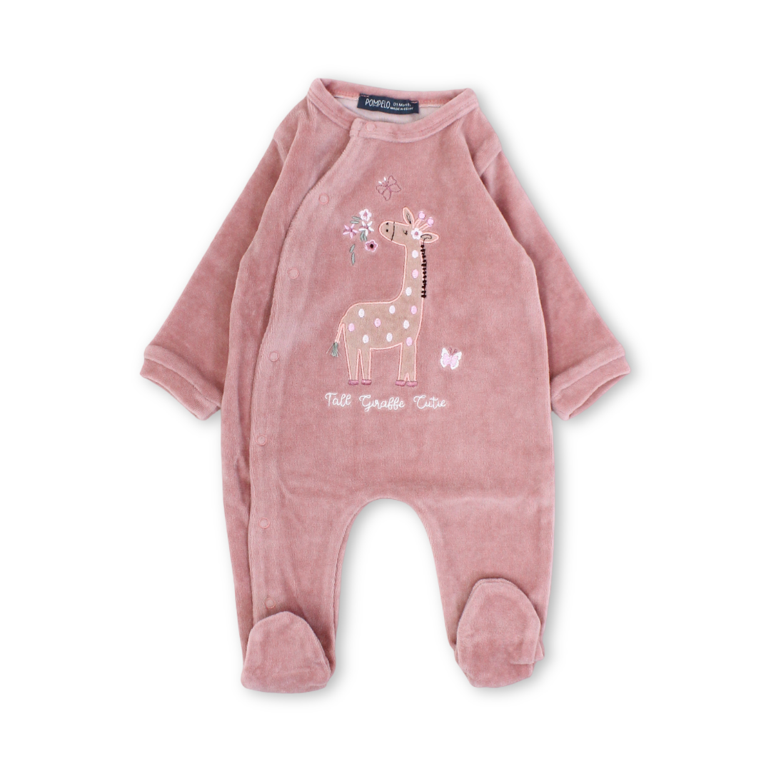 Baby Girls Velvet Footie – Salmon with Giraffe Embroidery